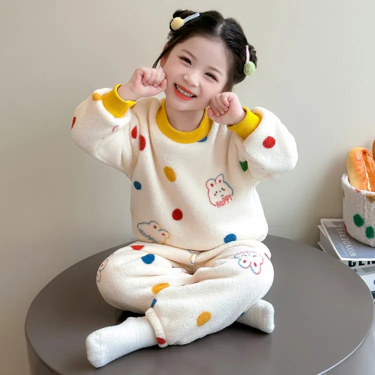儿童睡衣女孩秋冬季珊瑚绒加厚宝宝冬款法兰绒女童加绒家居服套装
