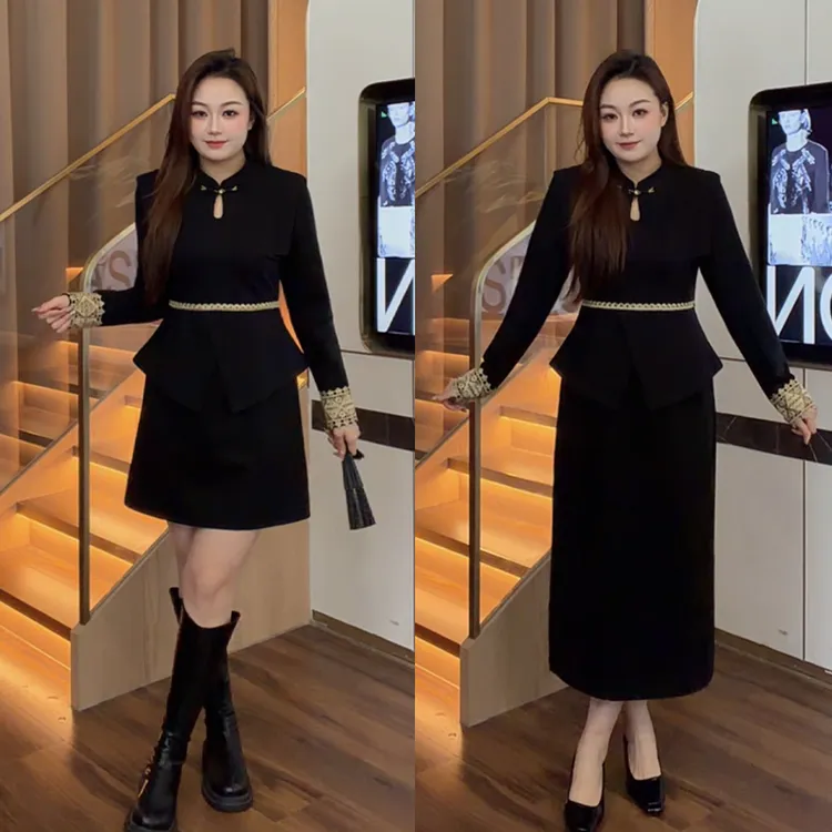 花菜微胖定制~【古早美人】秋冬新款拼接设计中式复古假两件连衣裙