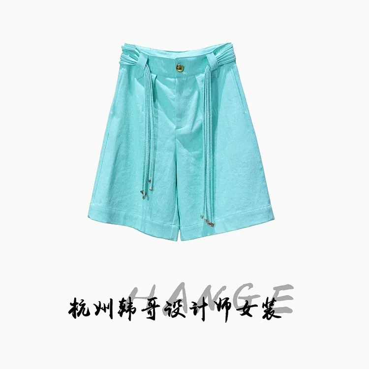 【韩哥女装】欧版轻薄蒂芙尼绿高腰A字版时尚牛仔短裤9021