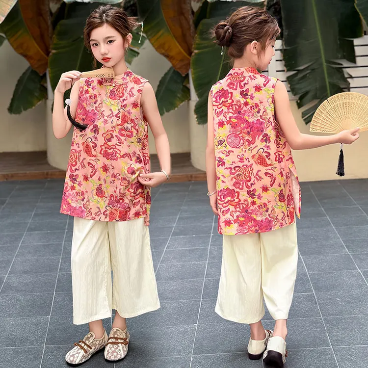 女童夏装套装2025新款国风女孩6-12岁新中式夏季无袖上衣阔腿裤潮
