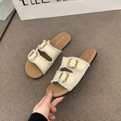 修面皮一字带凉鞋中跟罗马鞋平跟女鞋方头ins软底