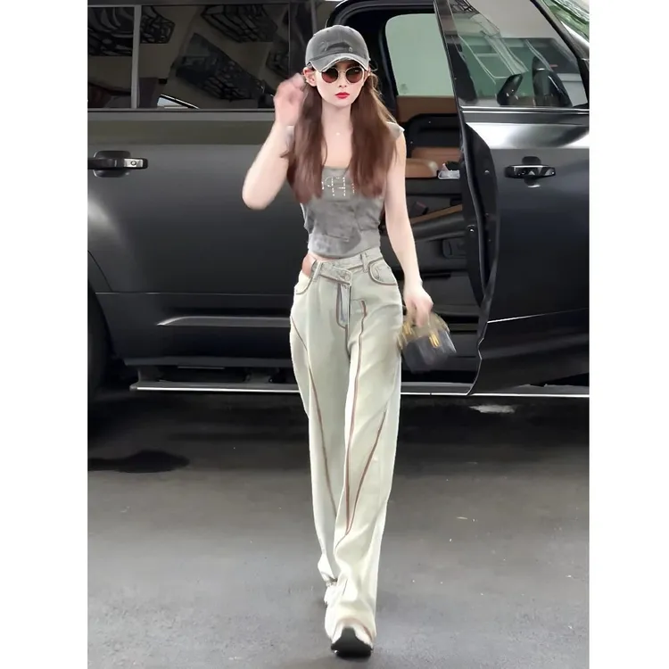 高个子潮美式复古直筒牛仔裤女夏季高腰宽松显瘦阔腿拖地裤子