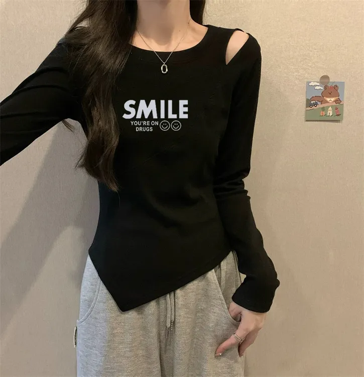 百搭新款不规则长袖t恤ins显瘦正肩纯棉修身镂空打底衫女内搭秋冬