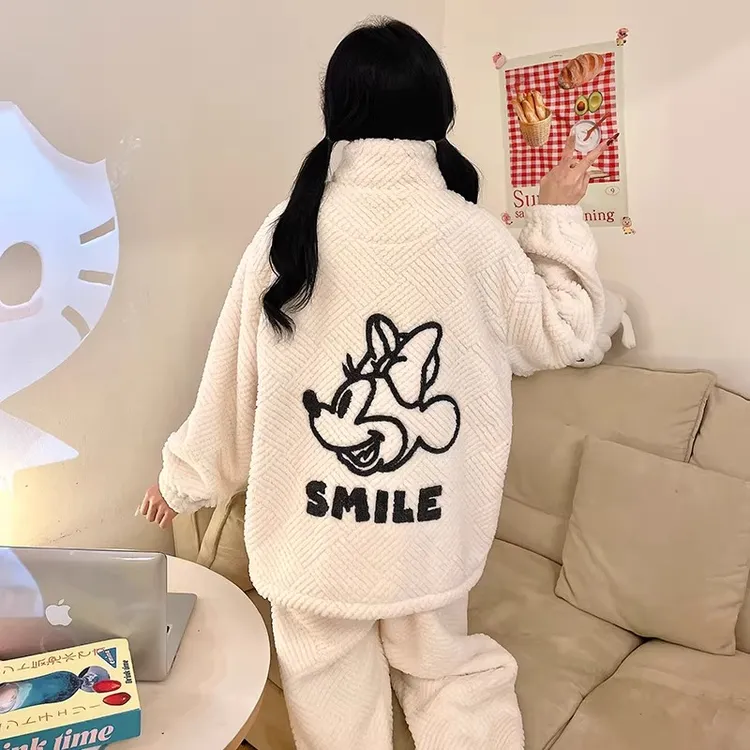 卡通米奇睡衣女士冬季珊瑚绒法兰绒加厚保暖可外穿家居服套装冬天