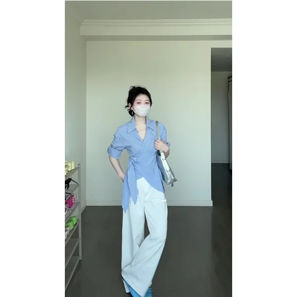 条纹长袖衬衫女夏季新款减龄V领设计感系带收腰上衣长裤套装