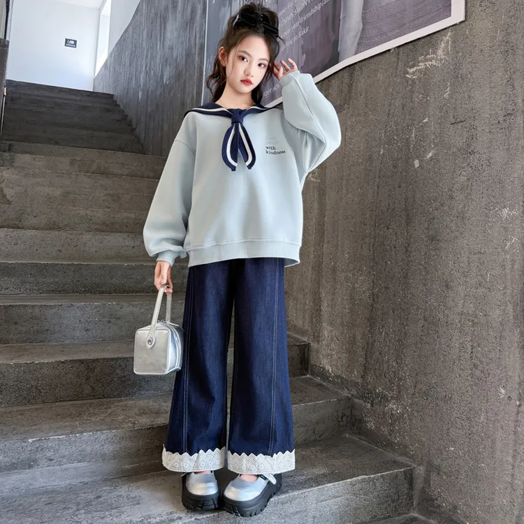 女童秋装套装2025新款洋气儿童海军领卫衣中大童秋季牛仔裤两件套