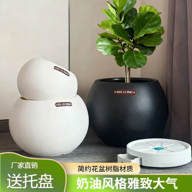 简约轻奢创意球形树脂客厅高档黑金刚龟背竹大型绿植花盆大号