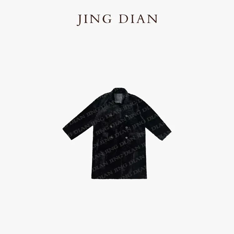 【JINGDIAN】黑色绵羊毛皮毛一体双排扣外套 南非进口羊皮毛一体