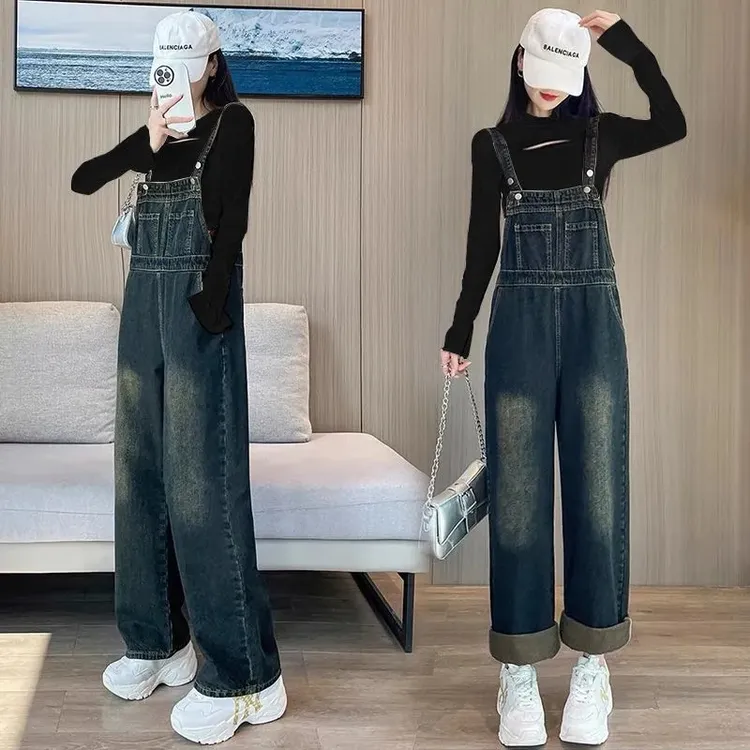 美式工装牛仔背带裤女欧货秋冬2025新款气质显瘦收腰设计感阔腿裤