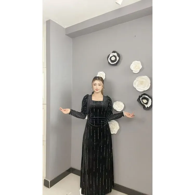 9866【包邮】方领时尚丝绒烫钻女装连衣裙