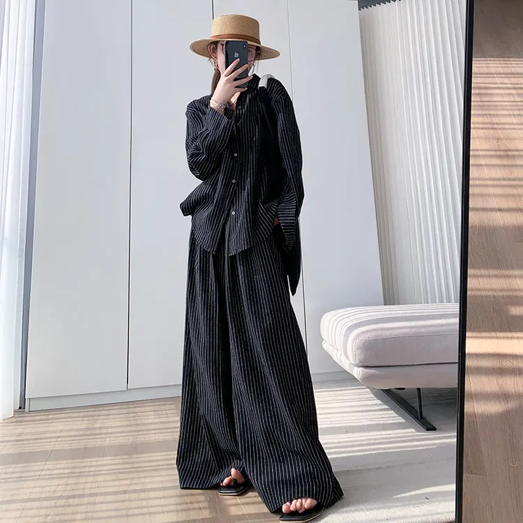 懂点2025秋装新款时尚气质竖条纹衬衫外套女阔腿裤两件套套装秋季