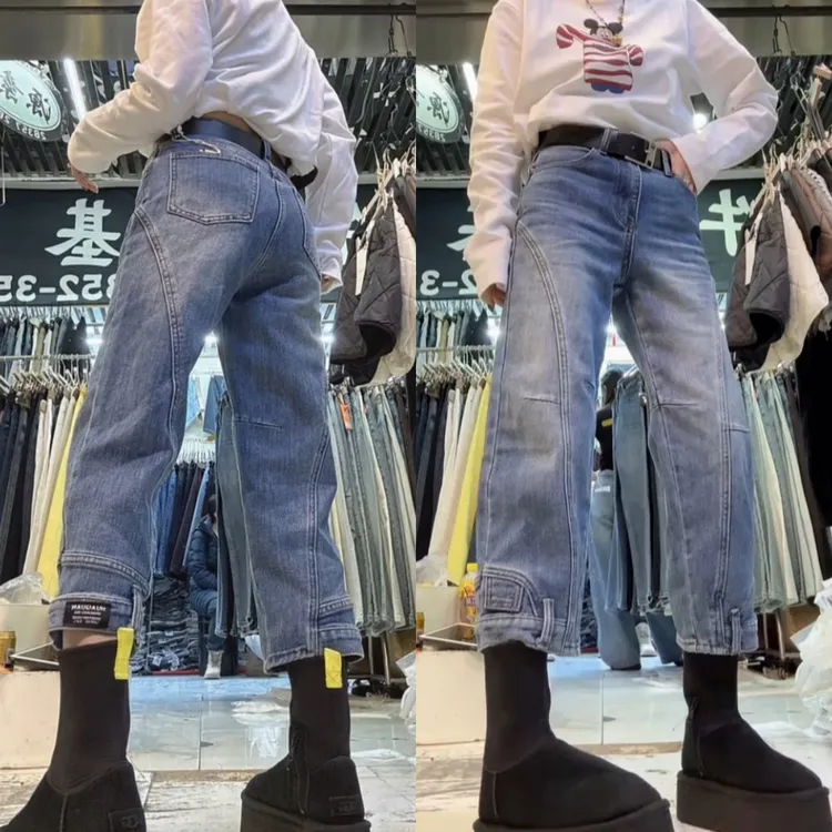 蓝色潮流设计感水洗牛仔裤2025冬季新款加绒显瘦八分直筒裤