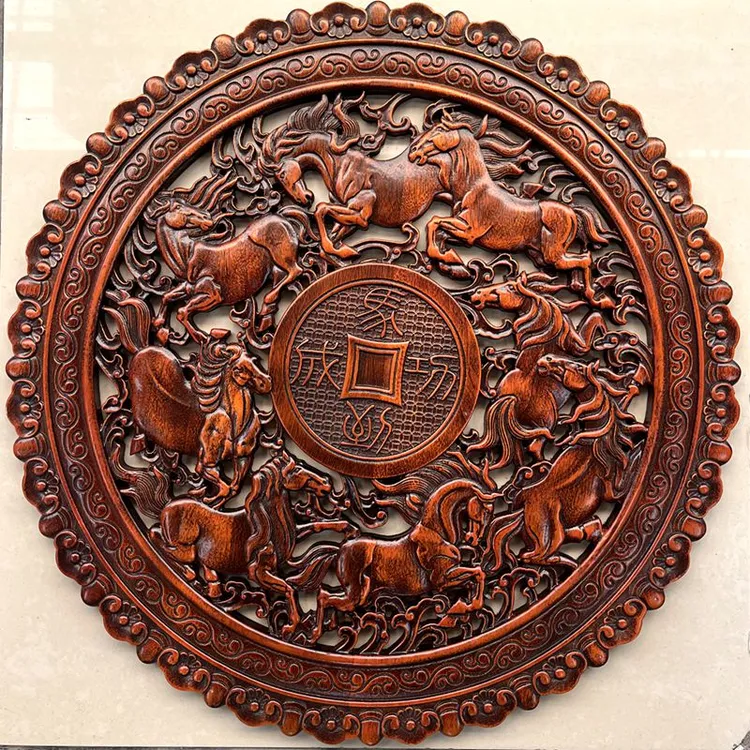 实木马到成功挂件东阳木雕木质香樟木八骏马墙面家居装饰木马壁饰