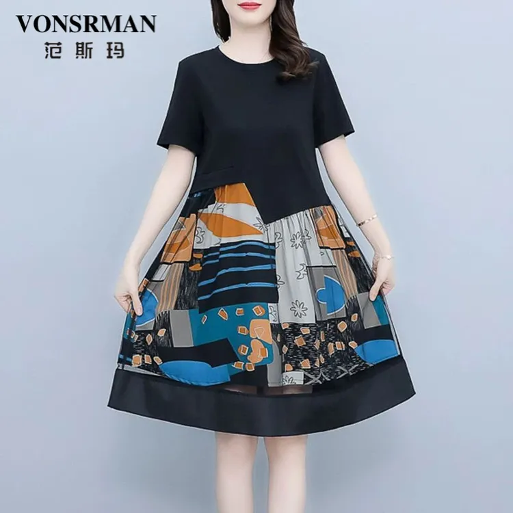 VONSRMAN假两件连衣裙子女士装春秋2025年新款夏季大码a字气质短
