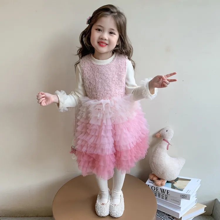 女童加绒连衣裙套装秋冬季2025新款儿童渐变蛋糕裙洋气宝宝公主裙