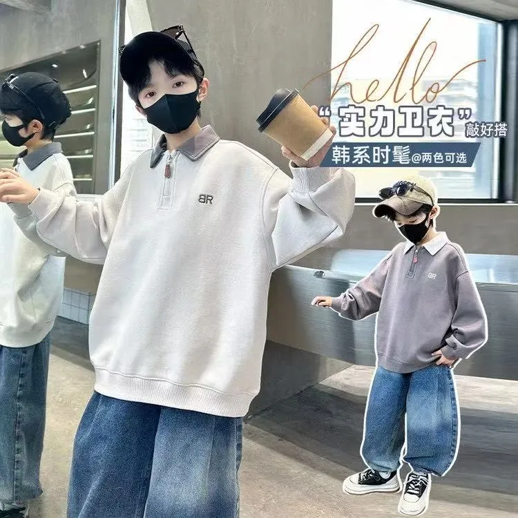  韩系~男童秋季新款时髦polo领卫衣宽松休闲中大童翻领上衣S10890