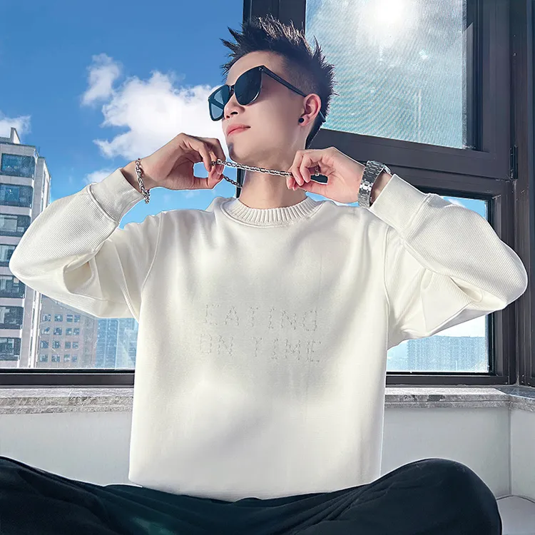 春秋季潮牌字母刺绣卫衣男设计感针织圆领长袖T恤宽松上衣男外穿