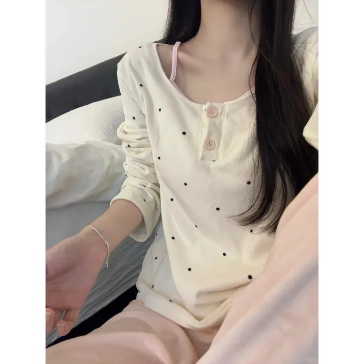 韩系少女波点德绒假两件带胸垫睡衣女秋冬季新款家居服套装可外穿