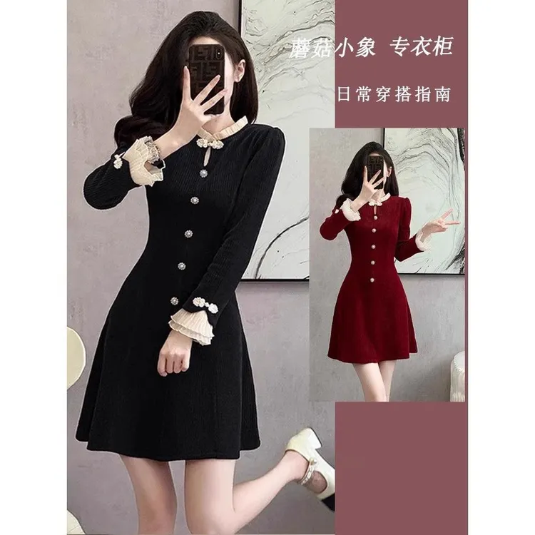 doumpp小个子春秋新款女装红色法式小香风设计感新中式收腰高级感