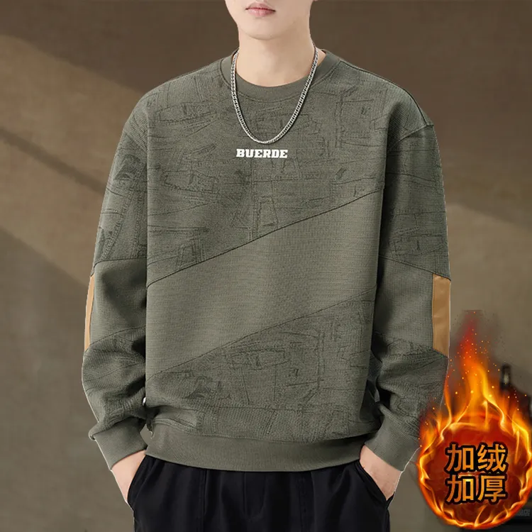 秋冬加绒提花撞色拼接卫衣男长袖新款潮牌大码高端重磅380g上衣服