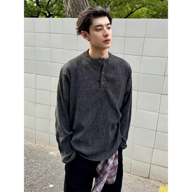 美式复古亨利领长袖t恤男秋季慵懒松弛感卫衣cleanfit内搭打底衫