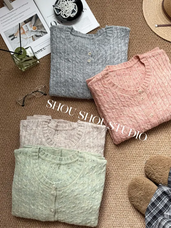 【瘦瘦】大码圆领马海毛麻花编织百搭针织宽松开衫毛衣S01978