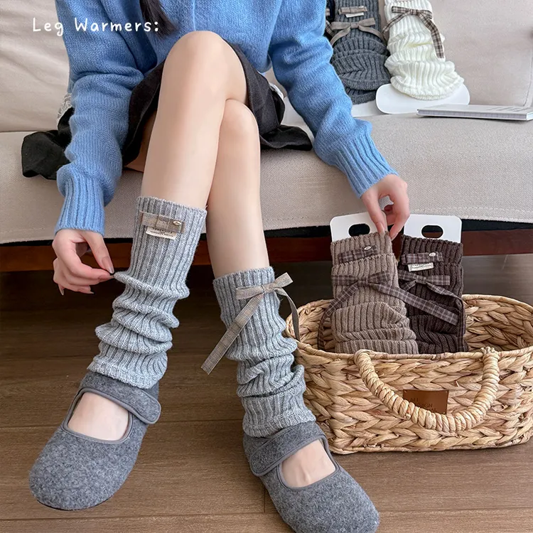 爆款袜套女款春秋蝴蝶结AB堆堆袜miu系针织洛丽塔竖条纹灰色小腿