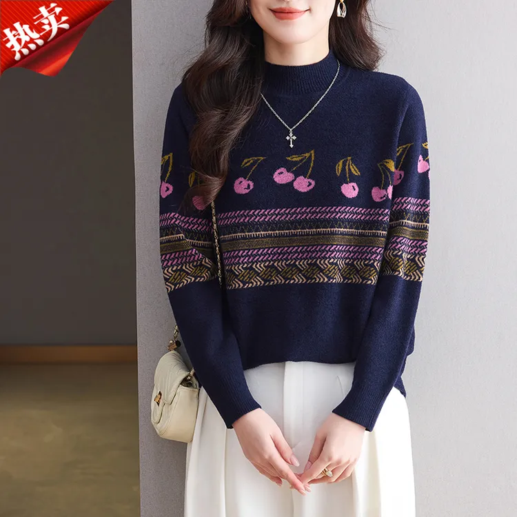 哥弟阿玛施正品半高领樱桃提花针织衫加厚彩色条纹内搭打底上衣冬