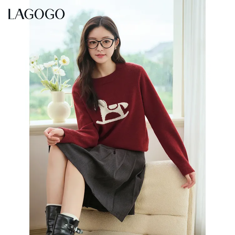 LAGOGO童话小马红色毛衣女拉谷谷2025年冬新款针织衫OCMM47XGJ8
