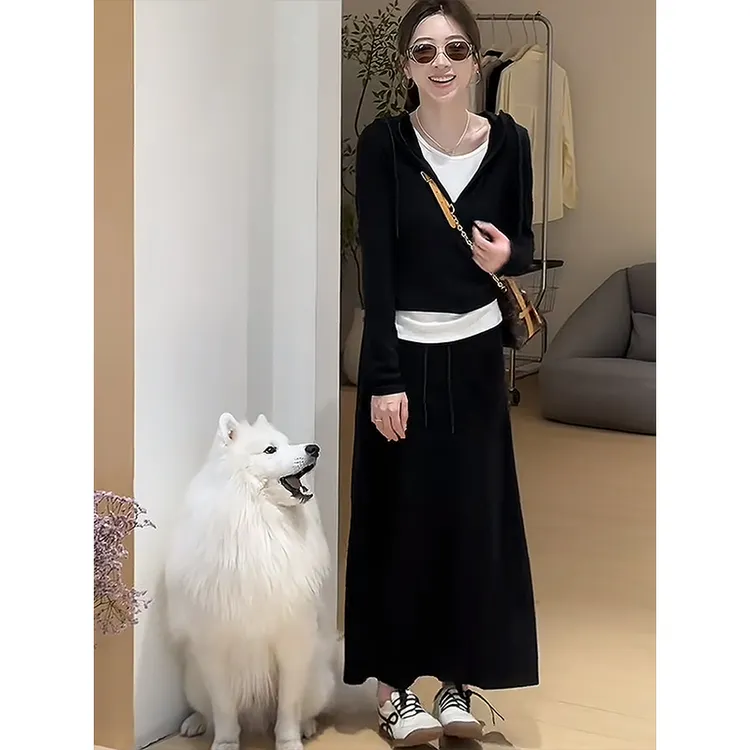 早秋穿搭一整套2025新款套装裙女简约温柔假两件上衣半身裙两件套