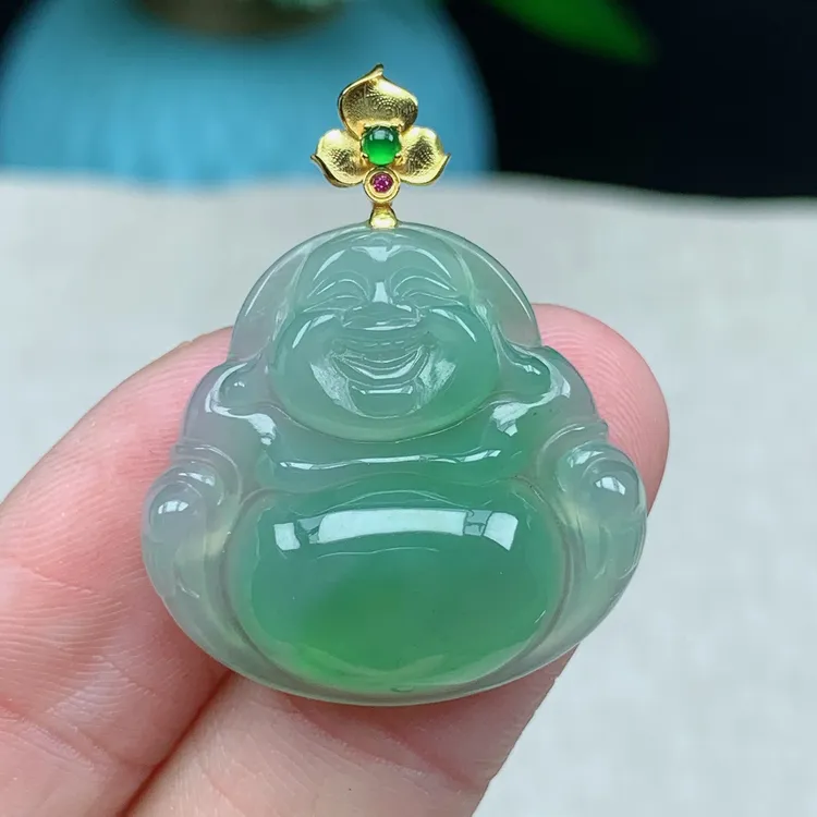 q缅甸天然翡翠A货25.3-26.3-6.1玉石冰种飘绿佛公吊坠礼物气质