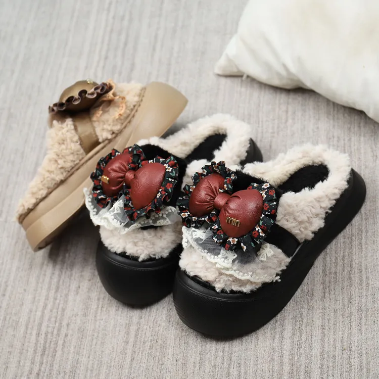 蝴蝶结棉拖鞋女冬季淑女风时尚居家用厚底防滑轻便加绒保暖毛拖鞋