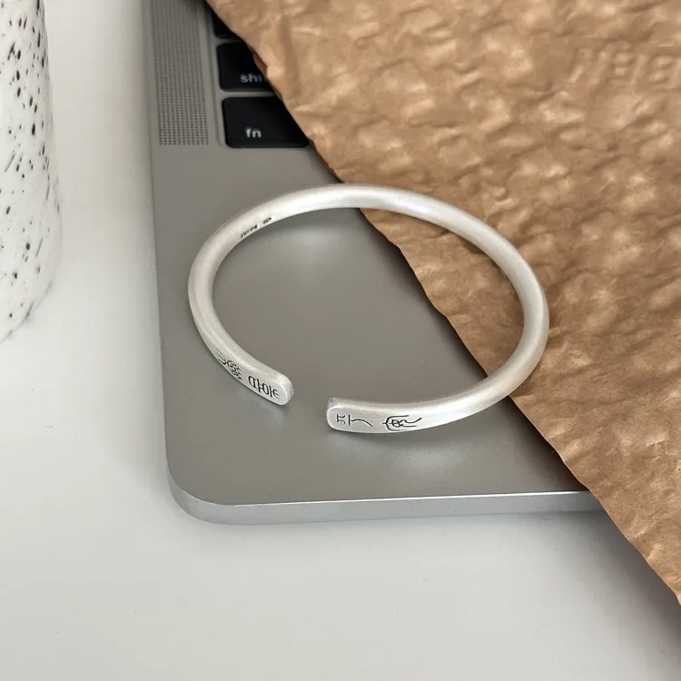 足银手镯 中国国风古风复古简约古法哑光磨砂平安喜乐手镯 3468