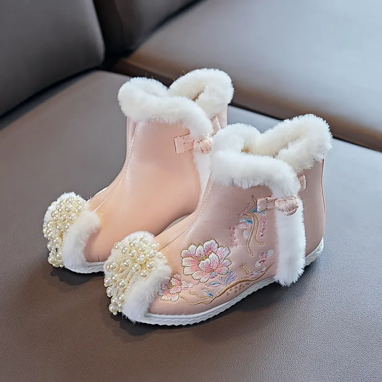 冬季女宝靴子中国风女童加厚儿童古风加绒棉鞋古装短靴绣花汉服鞋