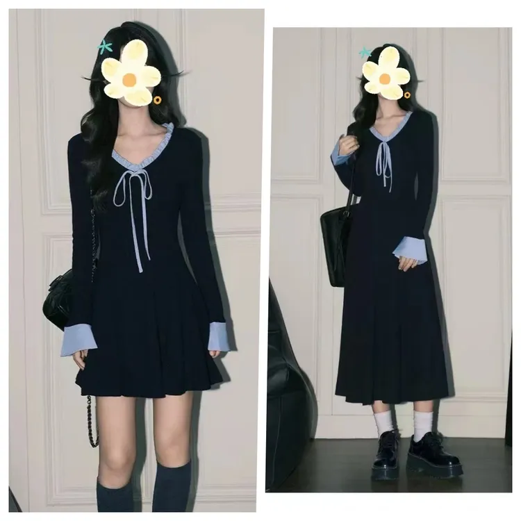 氛围感藏蓝色ins系带连衣裙2025新款韩系花边V领喇叭长袖A字裙