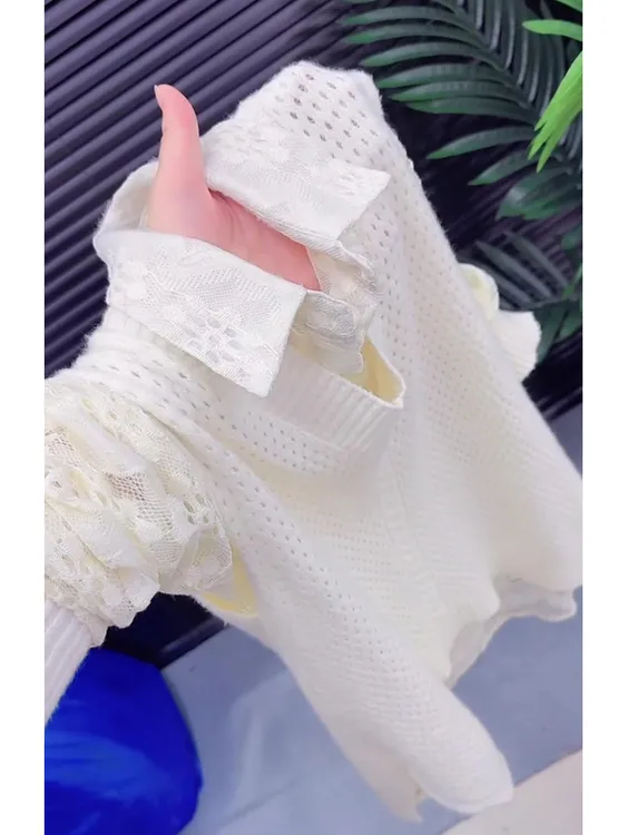 欧货镂空假两件v领针织衫上衣女秋季新款宽松百搭慵懒风套头毛衣