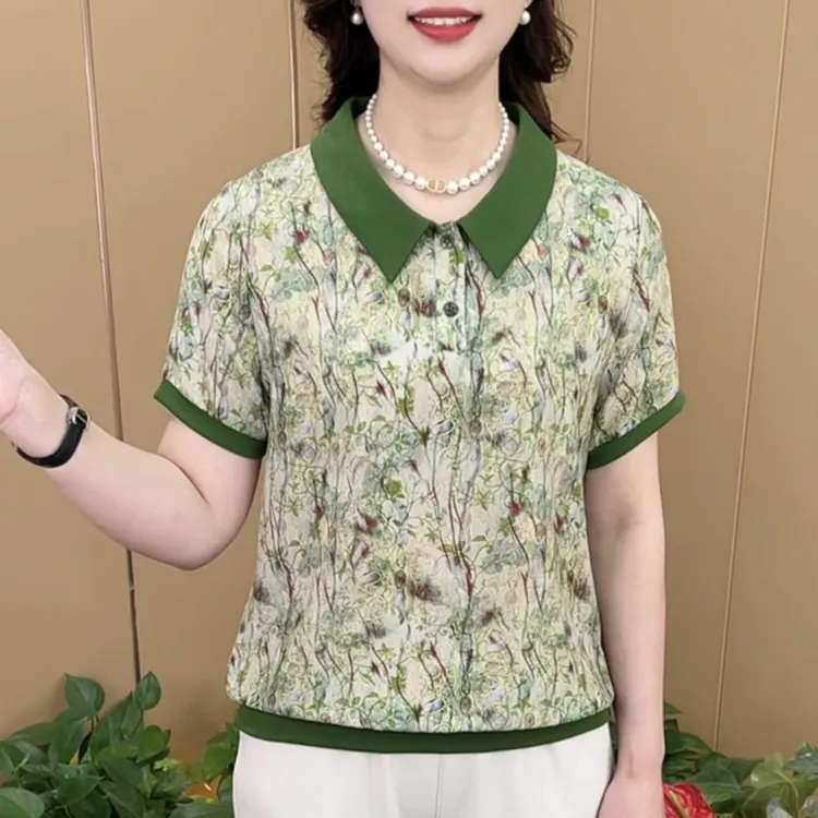 夏季新款时尚娃娃领印花洋气妈妈装宽松百搭显瘦短袖上衣K181