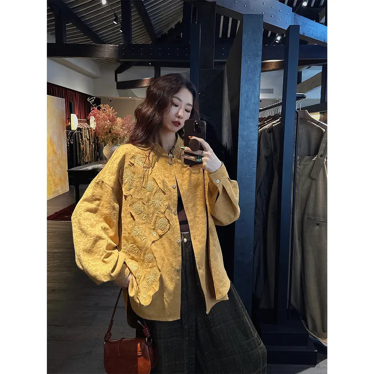 三吉黑花【拾花】立体定位绣花天丝亚麻衬衫外套女款2025新款爆款
