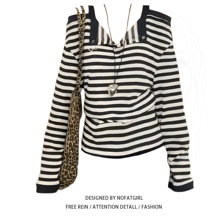 大码胖MM韩系条纹一字肩长袖T恤女秋季新款宽松显瘦修身内搭上衣