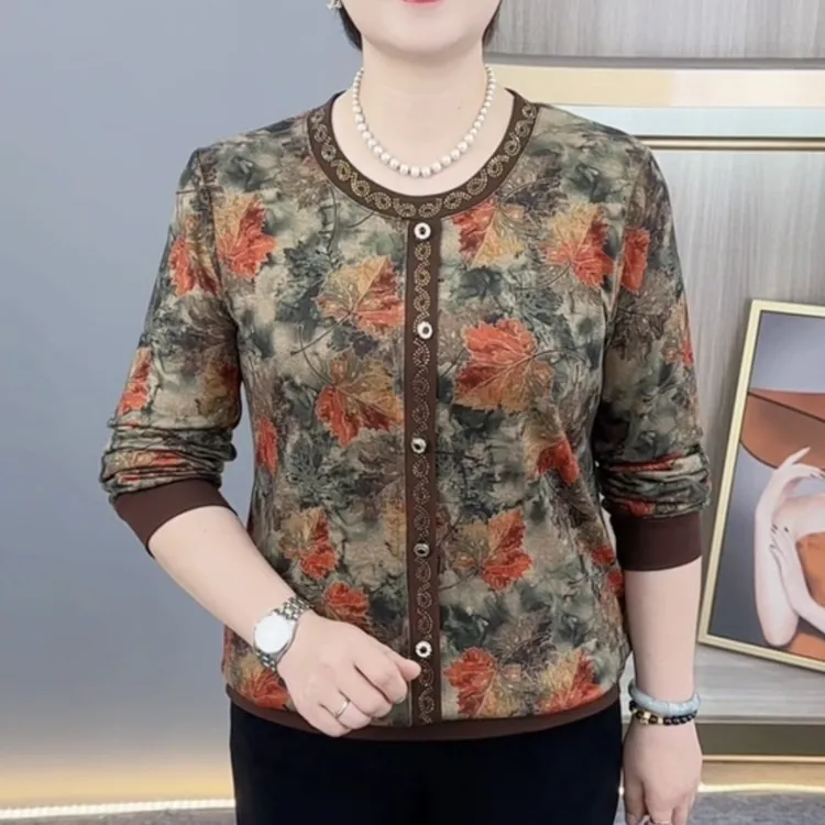秋季新款时尚圆领烫钻洋气妈妈装休闲显瘦气质百搭长袖上衣H8122