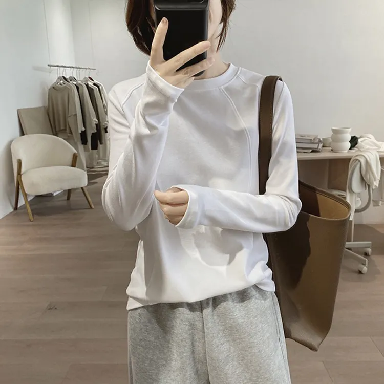 白色长袖T恤女2025新款春秋圆领宽松小个子打底休闲内搭纯色上衣