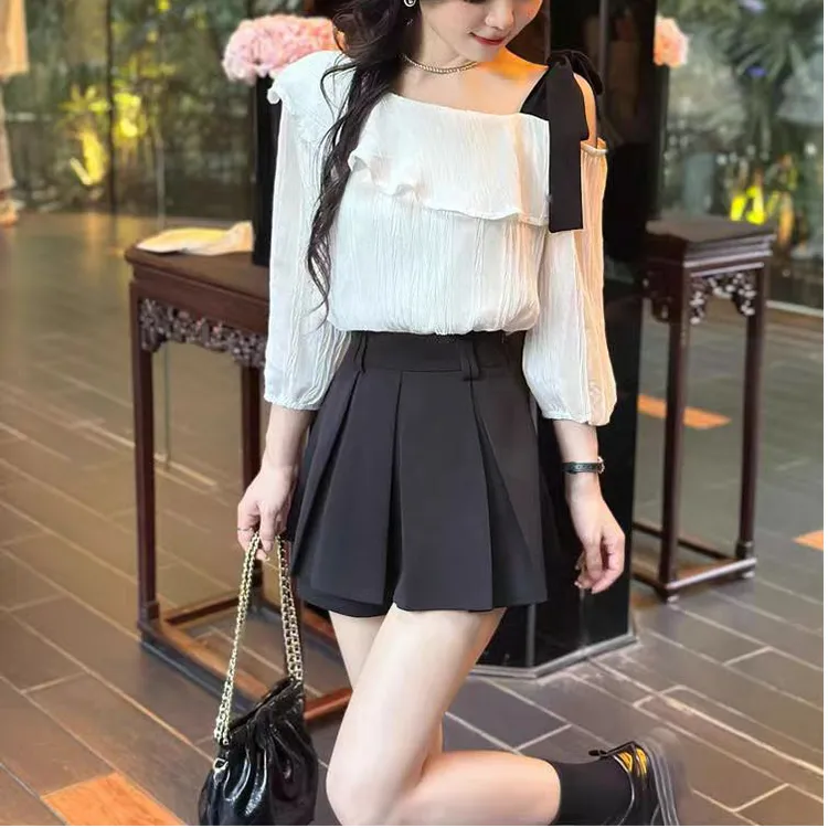 AMI.FS  套装女装爆款2025露肩长袖系带上衣束腰百褶裙白塔两件套