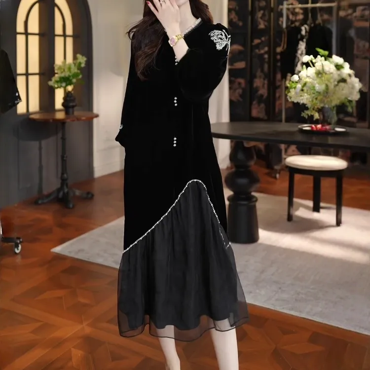 2025秋季今年流行法式气质连衣裙女新款时髦洋气重工长款拼接长裙