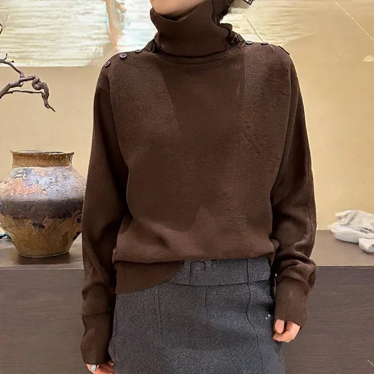 秋冬款设计感长袖高领肩膀排扣针织上衣洋气百搭显瘦韩系高级ins