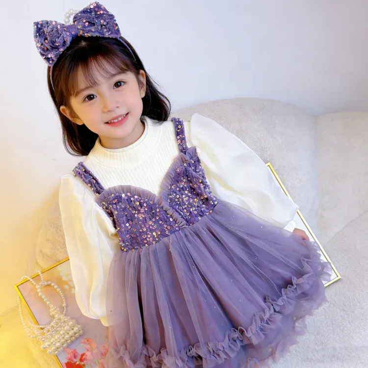 秋冬款加绒童装紫色公主裙女可爱风连衣裙女童裙子洋气少女风蓬蓬