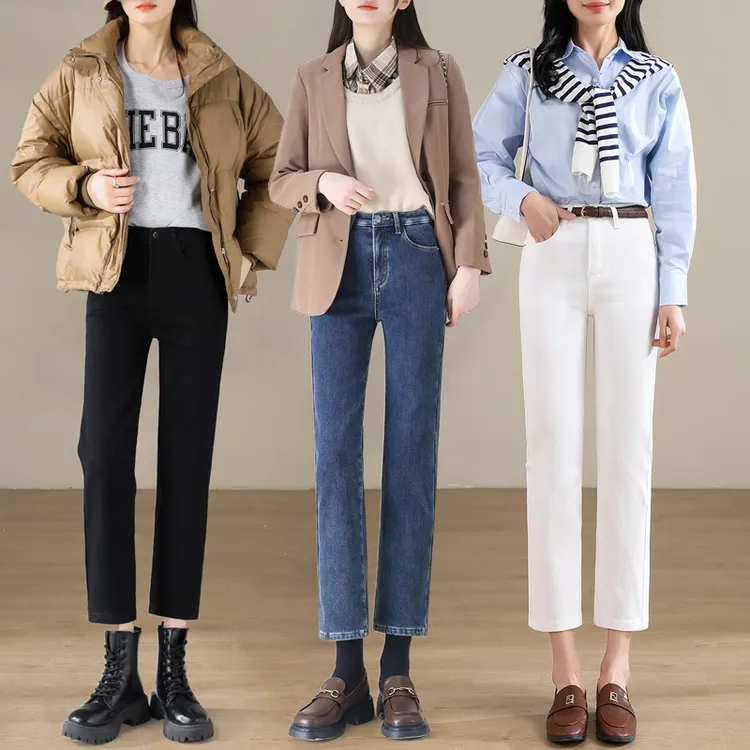 高腰加绒加厚直筒牛仔裤女2025秋冬爆款女士宽松显瘦烟管窄版裤子