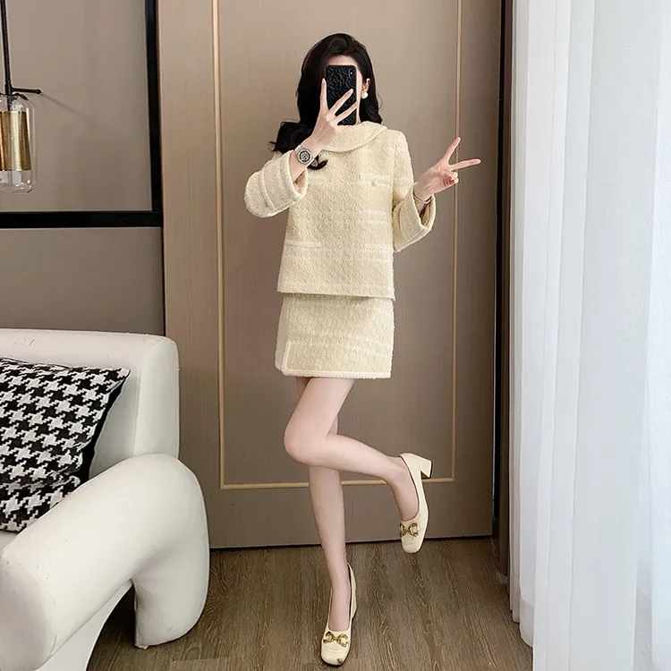 法式名媛小香风时尚套装秋冬新款设计感粗花呢翻领上衣半裙两件套