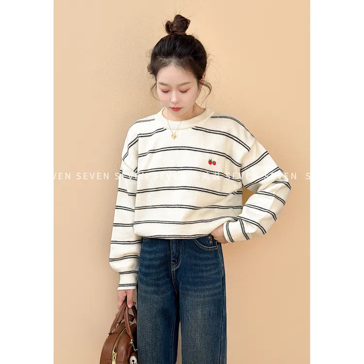 小番茄⑦七七146小个子冬季保暖条纹拼接针织毛衣女厚款上衣小美说