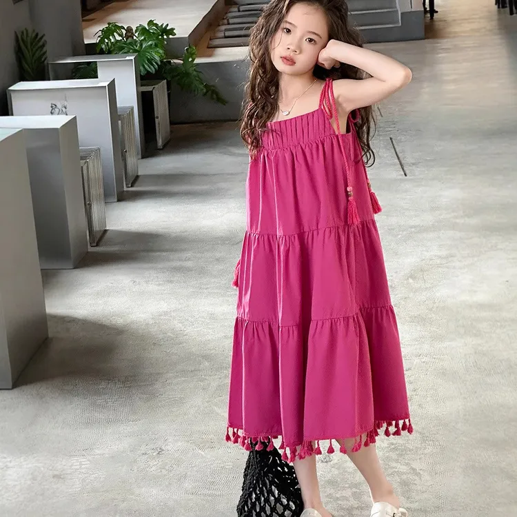 女童夏季连衣裙2025新款儿童流苏吊带裙女大童夏装度假风沙滩长裙
