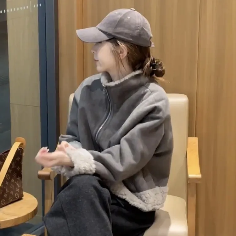 高级感立领小个子毛毛一体短外套女装2025冬季时尚加厚保暖上衣